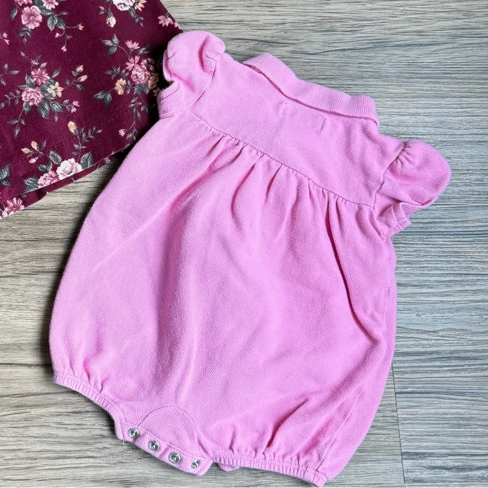 Ralph Lauren Baby Girl Green Pony Pink Ruffle Polo Romper Size 3M
